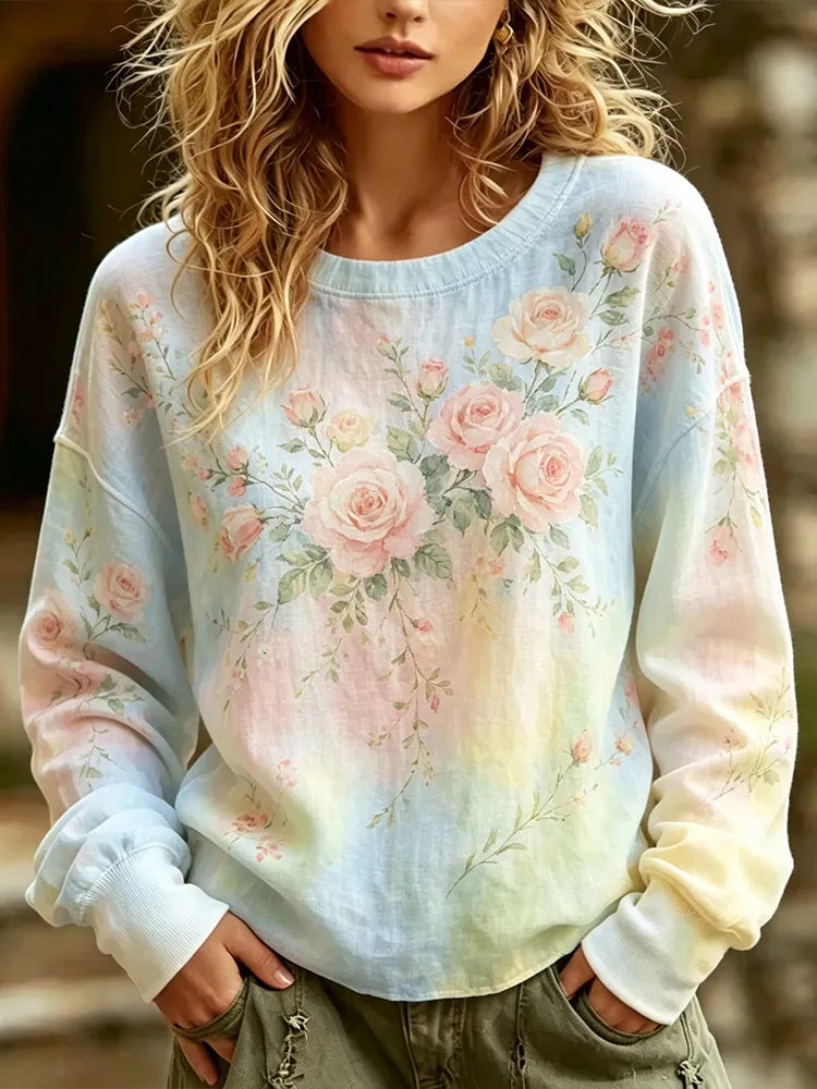 Cardydony Vintage Pink Rose Art Print Gradient Linen-cotton Blend Crew Neck Top