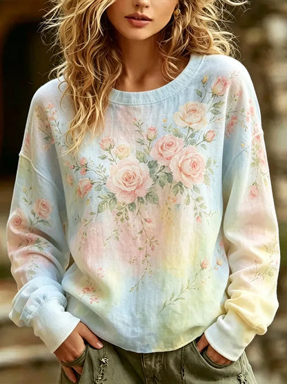 Cardydony Vintage Pink Rose Art Print Gradient Linen-cotton Blend Crew Neck Top