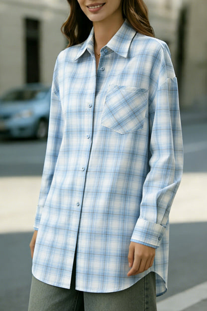 Cardydony Women's Plaid Print Loose Collar Long Sleeve Pockets Casual Shirt
