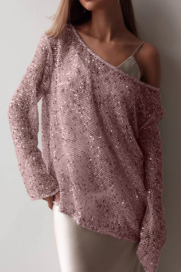 Cardydony Women's Fashionable Sequined Cutout Casual Long-sleeved Loose Cover-up Top