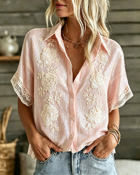 Cardydony Women's Vintage Floral Embroidery Pattern Casual Shirt
