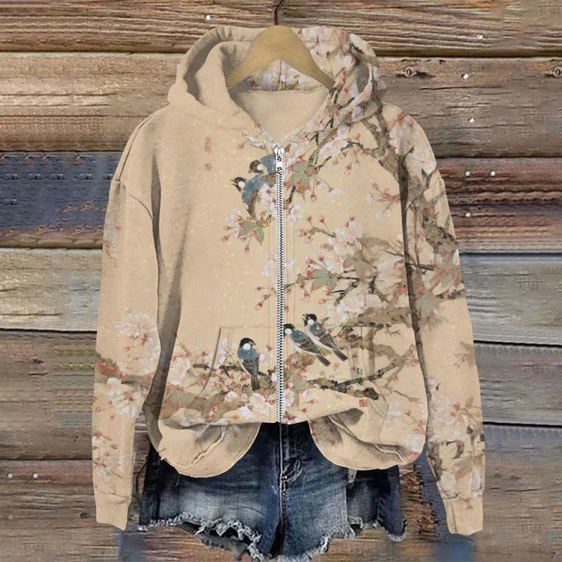 Cardydony Vintage Flower Bird Print Zip Hoodie