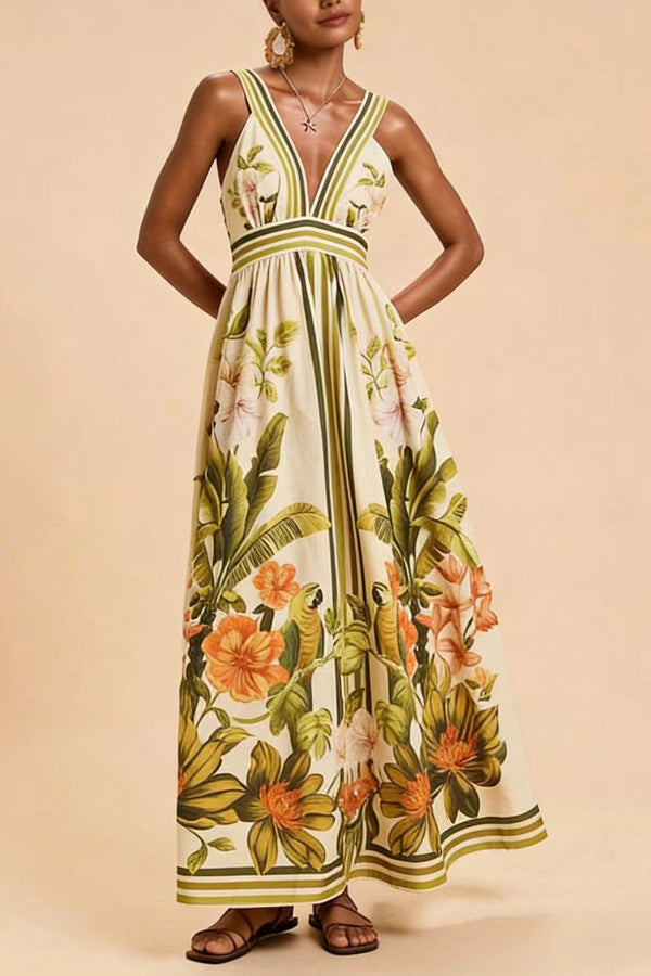 Cardydony Women's  Botanical Print V-neck Backless Pleated Casual Vacation Maxi Dress