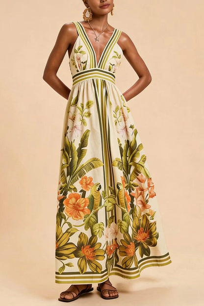 Cardydony Women's  Botanical Print V-neck Backless Pleated Casual Vacation Maxi Dress