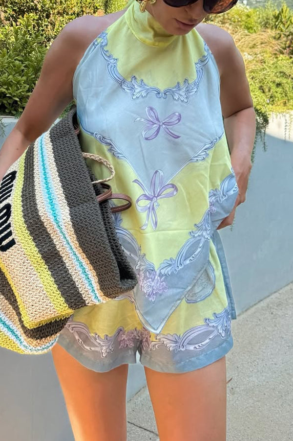 Cardydony Women's Amalfi Coast Satin Unique Print Scarf Top and Elastic Waist Pocket Loose Shorts Set