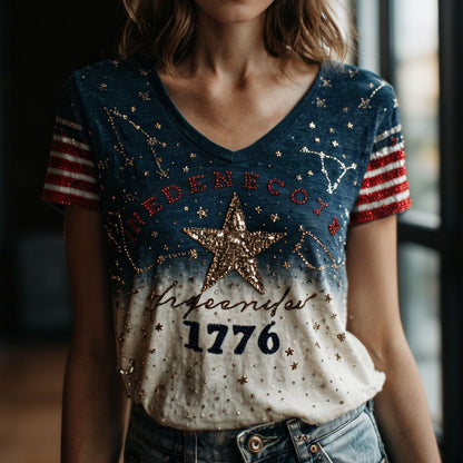 Cardydony Vintage 1776 Star Gradient Blue & White V-neck Top