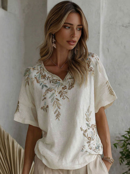 Cardydony Women's Retro Floral Branch Art Print Linen Blend V-neck T-shirt