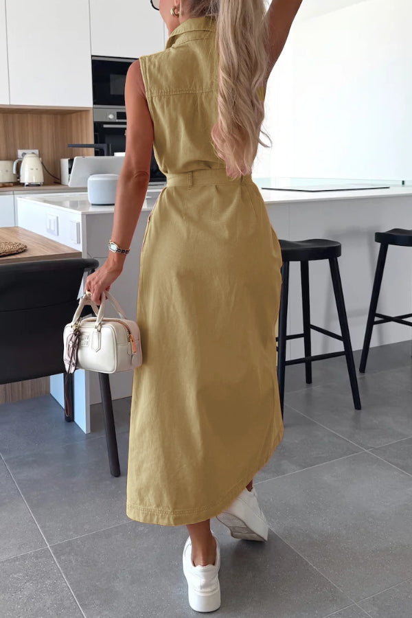 Cardydony Women's Solid Color Sleeveless Single Breasted Waist Tie Casual Pocket Denim Midi Dress