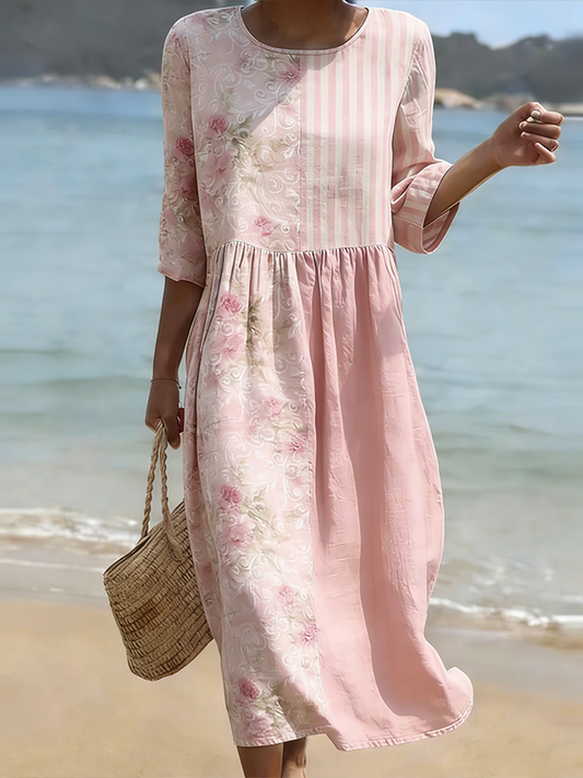 Cardydony Bohemian Country Style Plant Flower Patchwork Striped Design Women's Leisure Linen Dress