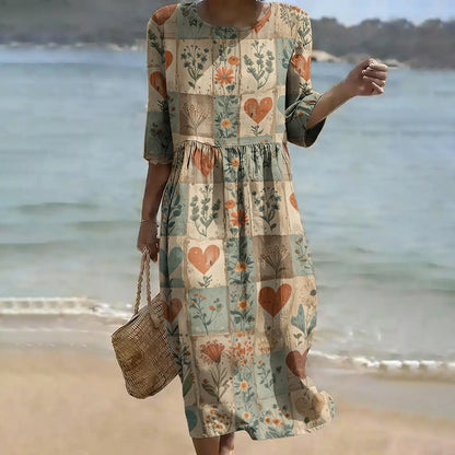 Cardydony Women's Flowers Love Pattern Linen Blend Loose Three-quarter Sleeve Dress