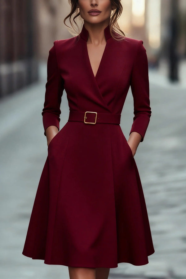 Cardydony Women's Solid Color V-neck Fitted Waist Long Sleeve Elegant Midi Dress