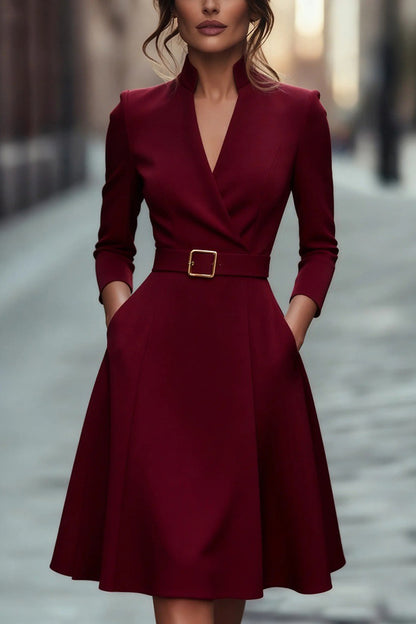 Cardydony Women's Solid Color V-neck Fitted Waist Long Sleeve Elegant Midi Dress