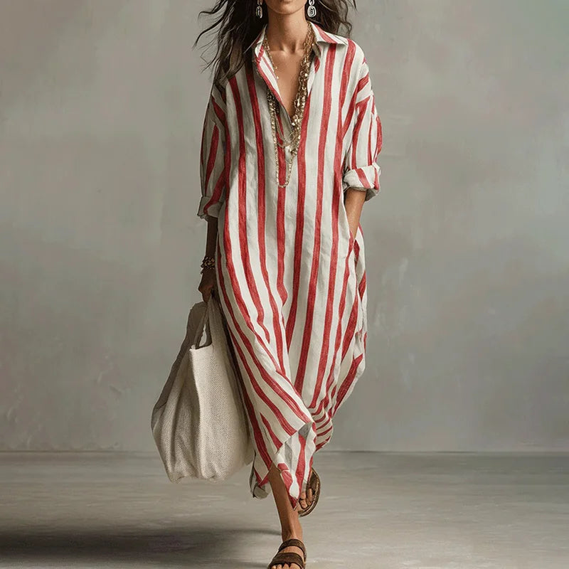 Cardydony Women's Casual Striped Cotton Linen Maxi Shirt Dress