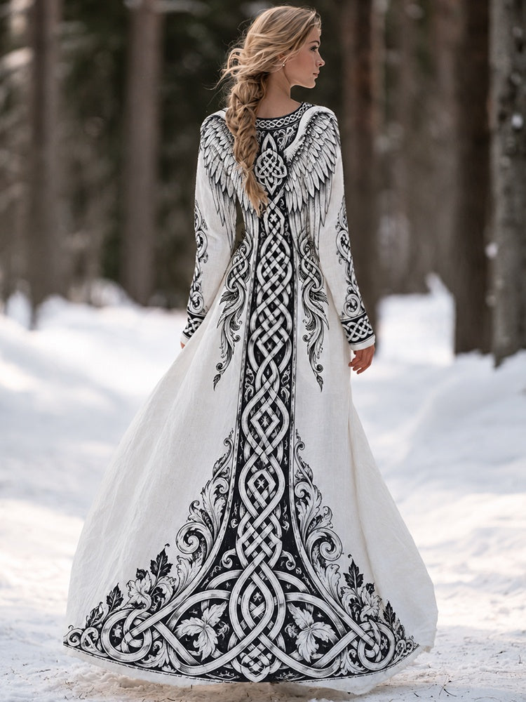 Cardydony Women's Viking Wings And Celtic Knot Art Print V-neck Long Sleeve Maxi Dress