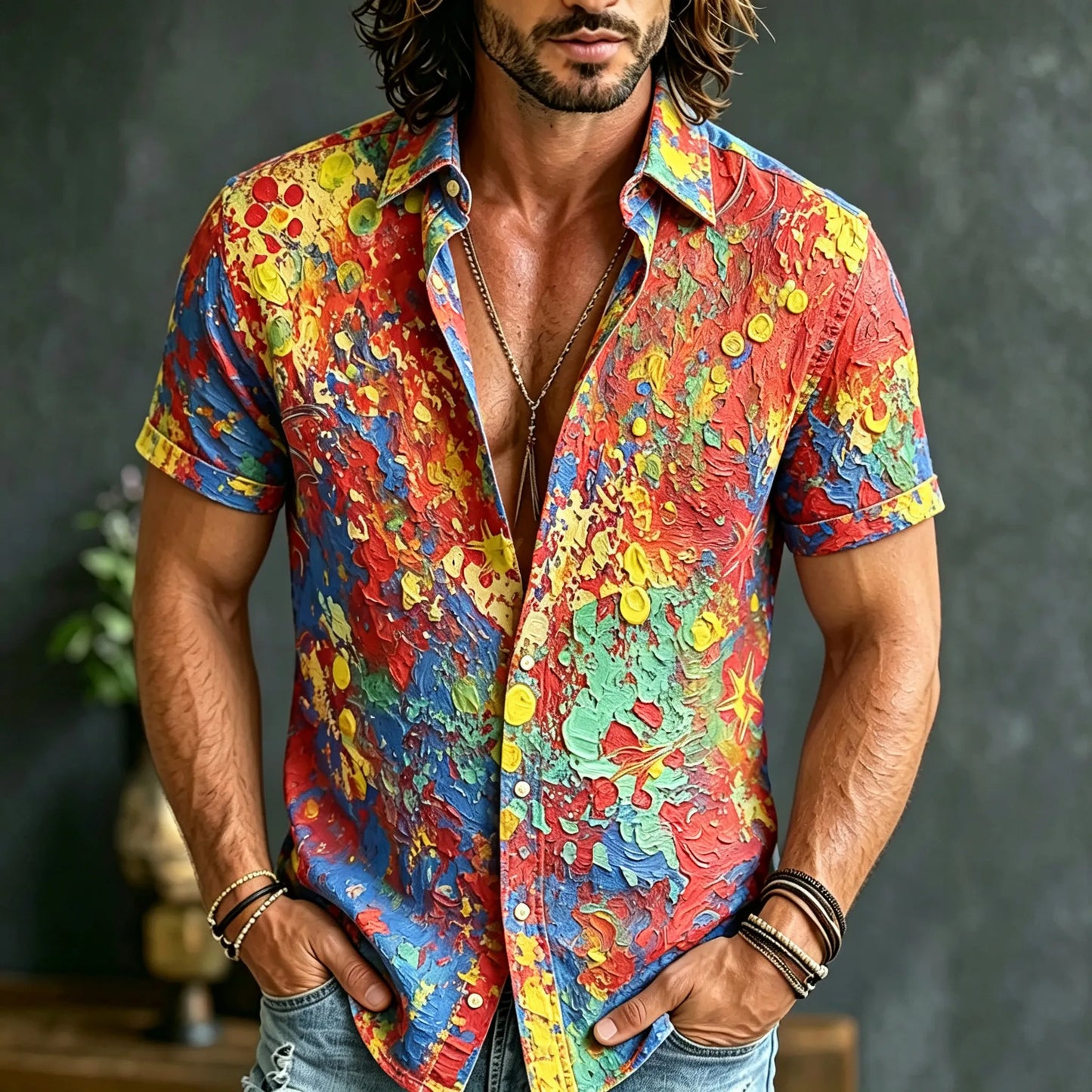 Cardydony Men's Retro Hippie Style Printed Short-sleeve Shirt