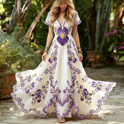 Cardydony Women's Retro Violet Floral Embroidered Long Dress