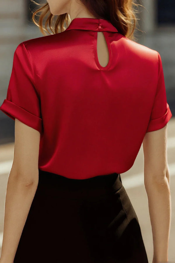 Cardydony Women's Solid Color Satin Openwork Casual Short-sleeved Shirt