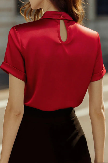 Cardydony Women's Solid Color Satin Openwork Casual Short-sleeved Shirt