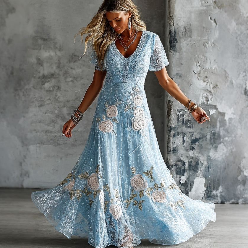 Cardydony Women's Retro Pink Rose Floral Embroidered V Neck Maxi Dress