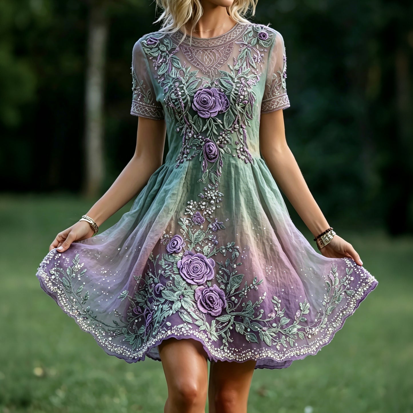 Cardydony Women's Vintage Celtic Knot Floral Art Print Linen Crew Neck Short Sleeve Midi Dress