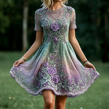 Cardydony Women's Vintage Celtic Knot Floral Art Print Linen Crew Neck Short Sleeve Midi Dress