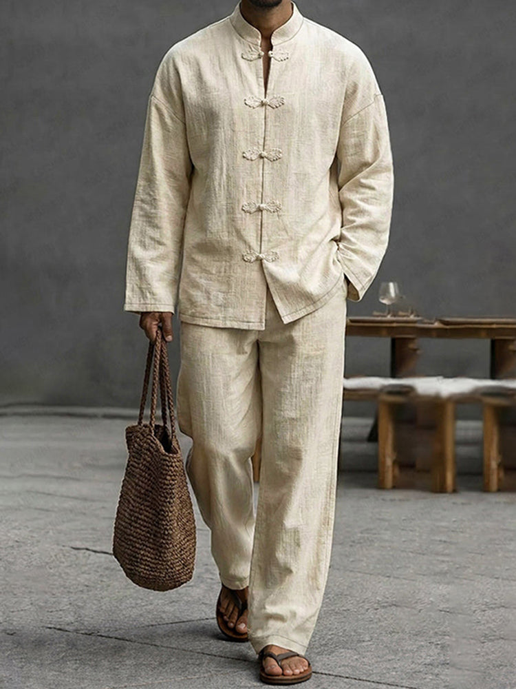 Cardydony Men's Minimalist Cotton Frog Button Long Sleeve Shirt Set