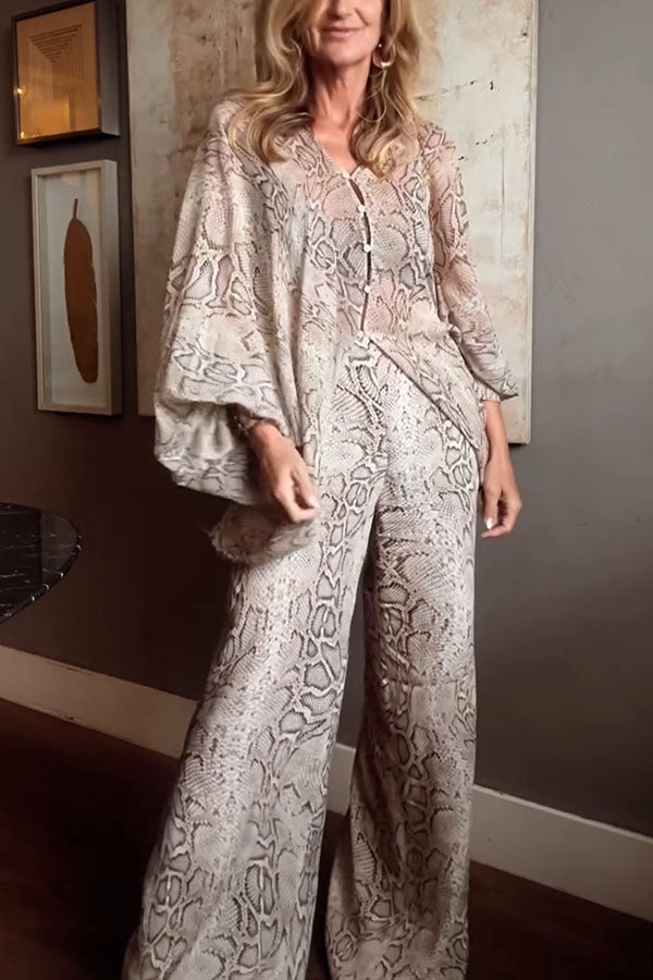 Cardydony Women's Iselle Animal Print Button Up Batwing Sleeve Shirt and Elastic Waist Wide Leg Pants Set
