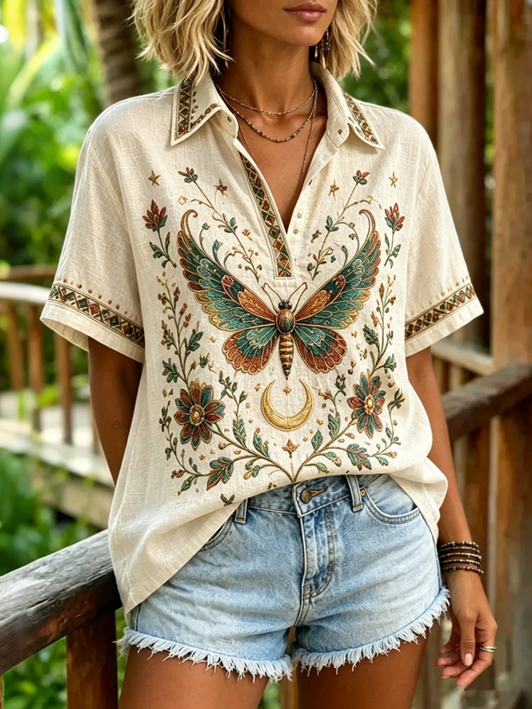 Cardydony Women's Floral Retro Butterfly Print Cotton Linen Polo Shirt