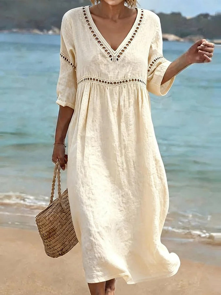 Cardydony Women's Casual Solid Color Cotton Linen Dress