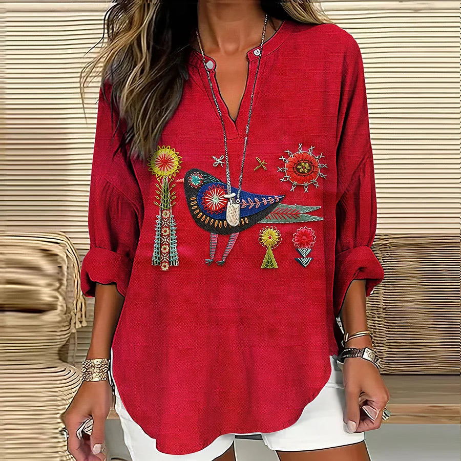 Cardydony Women's Floral And Bird Embroidery Art Pattern Cotton And Linen V-neck Shirt