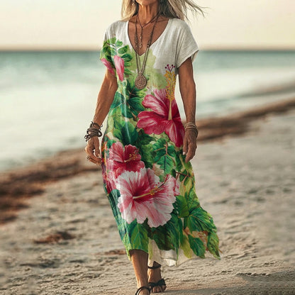 Cardydony Women's Vintage Hibiscus-print Casual Short-sleeve Dress