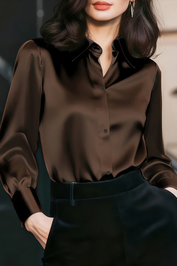 Cardydony Women's  Solid Color Collared Long-sleeved Casual Button-down Shirt
