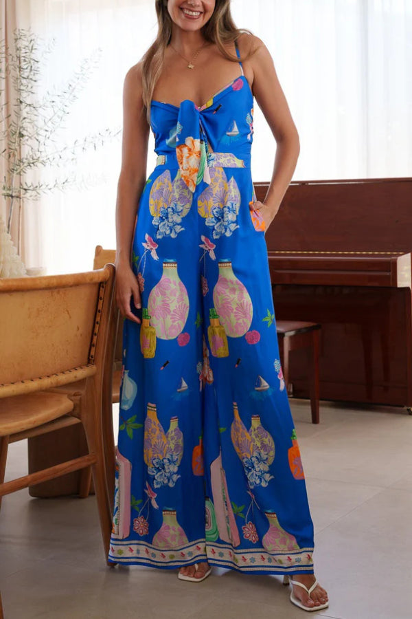 Cardydony Women's Unique Printed Sleeveless Spaghetti Strap Casual Vacation Loose Wide-Leg Jumpsuit
