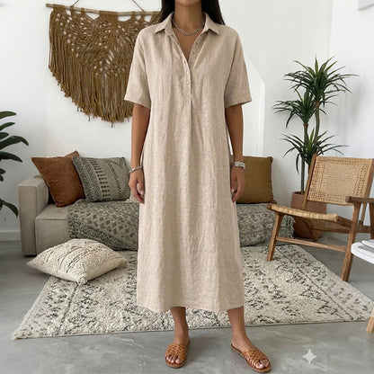Cardydony Women's Solid Color Lapel Linen Blend Shirt Midi Dress