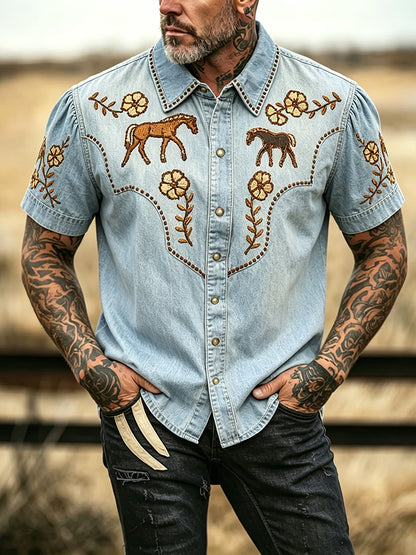 Cardydony Men's Retro Ethnic Horse Print Short-sleeve Shirt