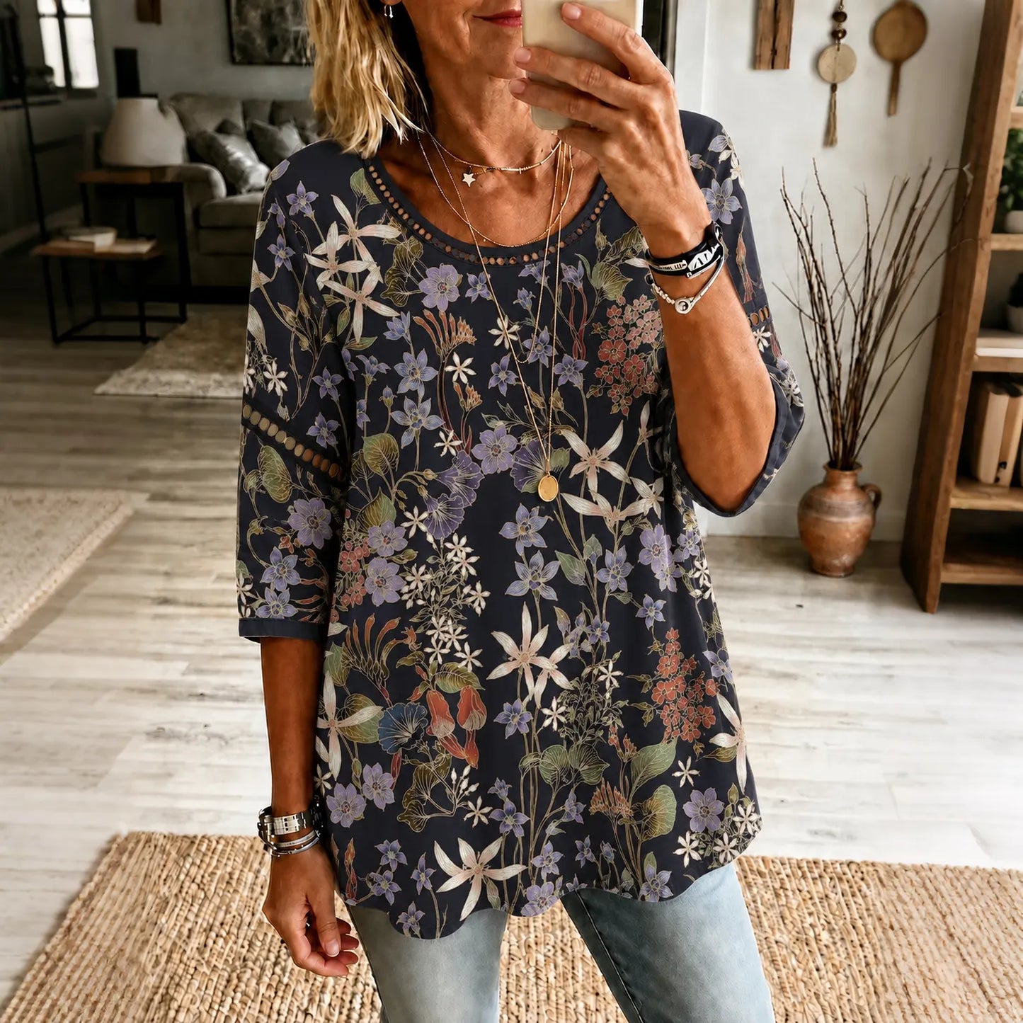 Cardydony Women's Retro Floral Art Flowy Linen Blend Three Quarter Sleeves T-shirt
