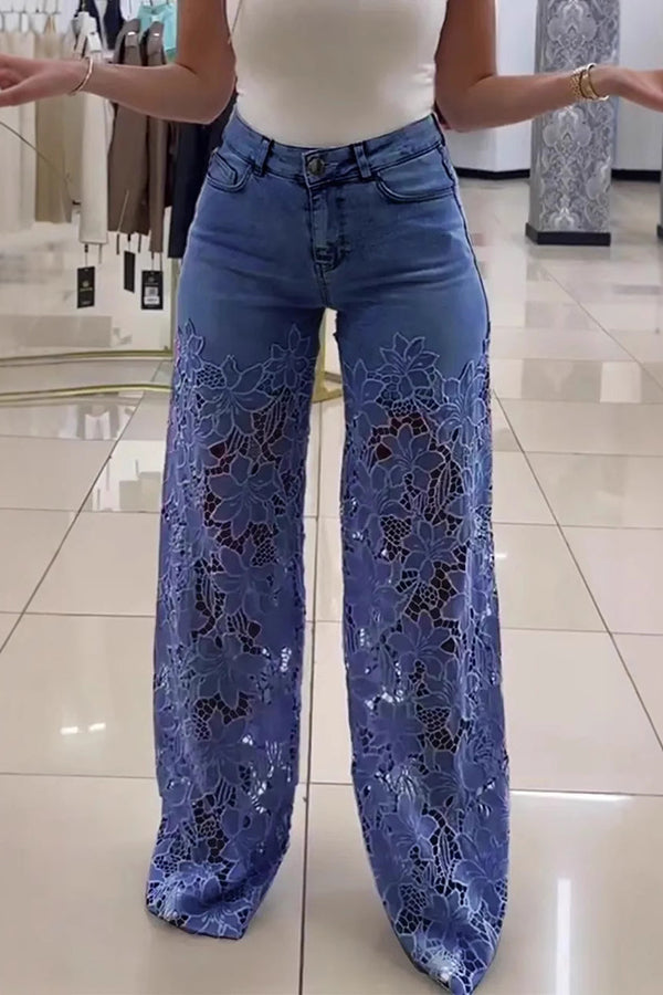 Cardydony Women's Fashion Hollow Lace Stitching Casual Pocket Denim Wide-leg Pants