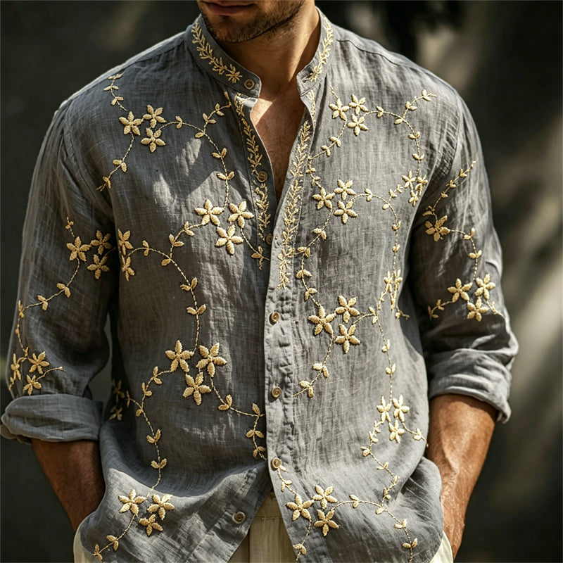 Cardydony Men's Boho Forest Floral Vines Linen Shirt