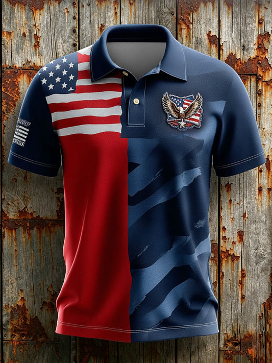 Cardydony Men's American Flag Print Polo Shirt With Eagle Embroidery