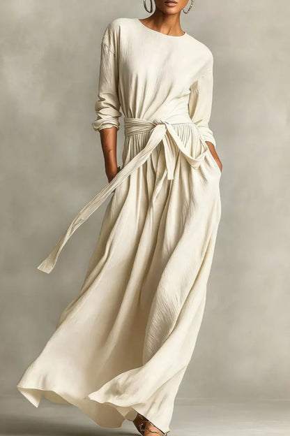 Cardydony Women's Linen Blend Round Neck Long Sleeve Waist Tie Casual Pocket Maxi Dress