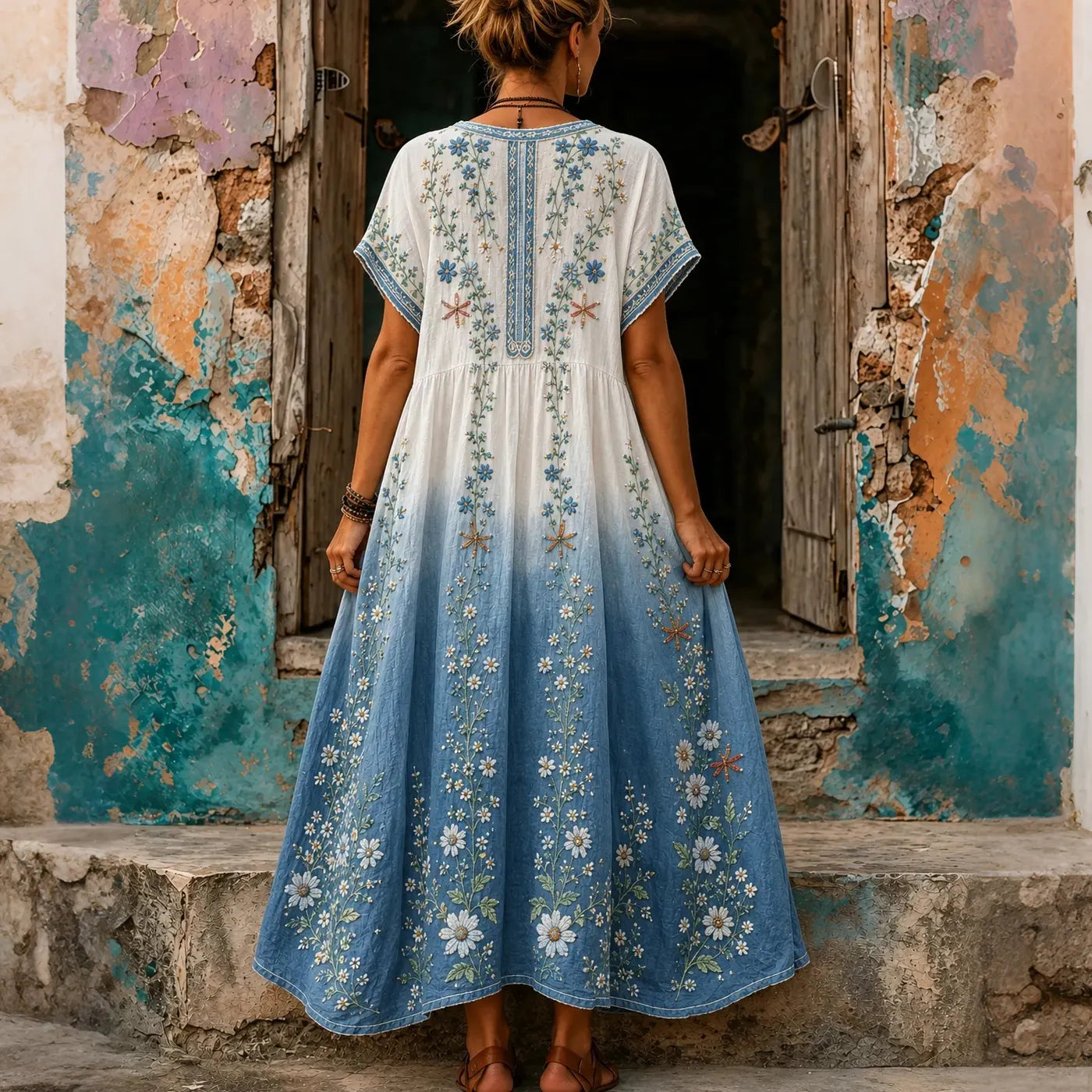 Cardydony Women's Retro Hippie Floral Pattern Art Embroidered Linen Blend Maxi Dress