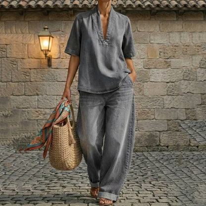 Cardydony Women's Retro Blended Cotton Washed Shirt And Pants Two-piece Set