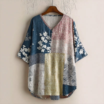 Cardydony Japanese Art Retro Geometric Patchwork Plant Flower Print Women's V-neck Cotton And Linen Top