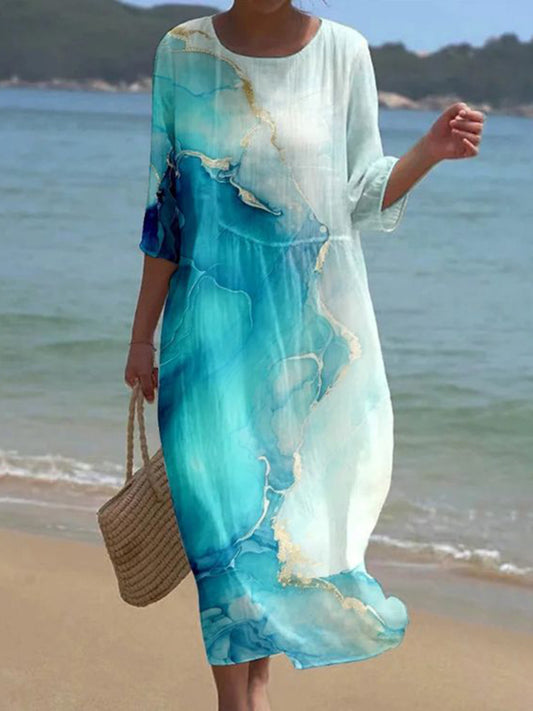 Cardydony Vintage Watercolor Marble Art Pattern Linen Blend Loose Three-quarter Sleeve Dress