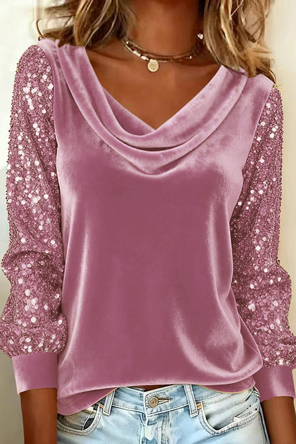 Cardydony Women's Stylish Velvet Sequin Patchwork Long-sleeved Casual Top