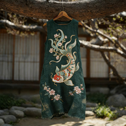 Cardydony Koi Carp Fish Cherry Blossom Flowy Linen Tank Dress
