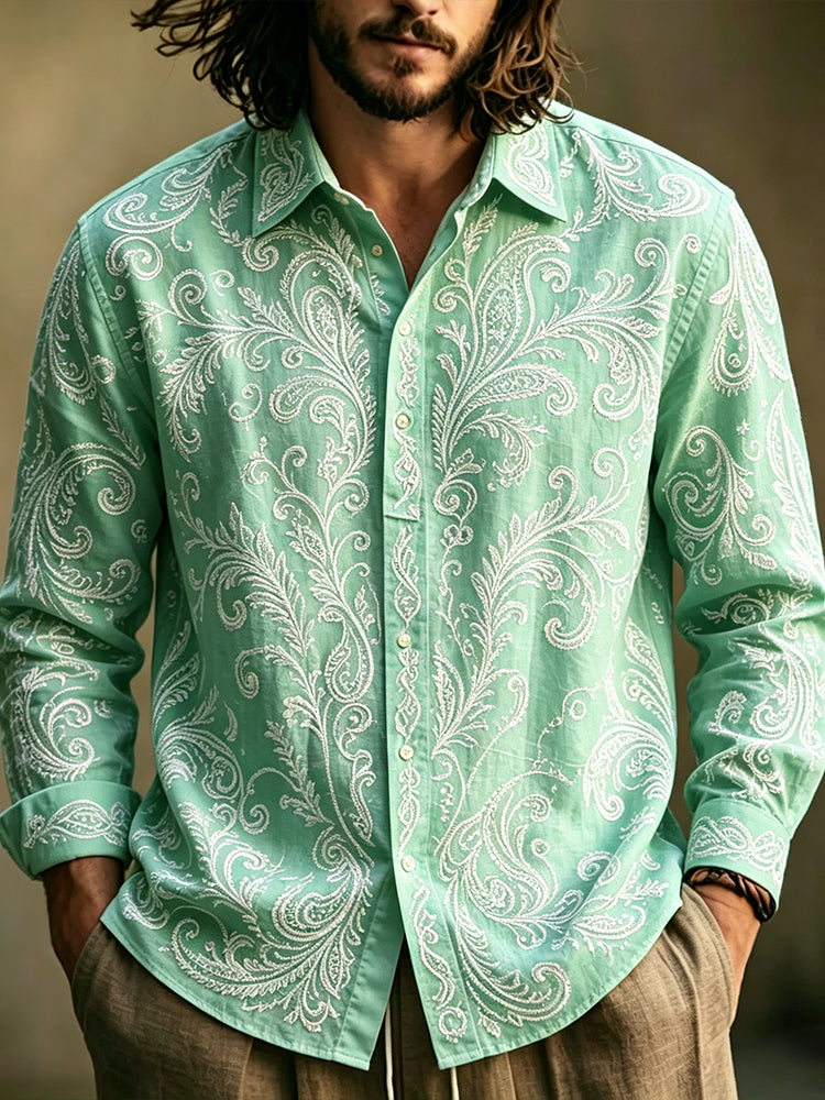 Cardydony Men's Retro Paisley Art Embroidered Mint Green Linen Blend Long Sleeve Shirt
