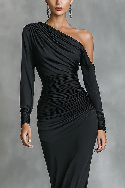 Cardydony Women's Solid Color One-shoulder Long-sleeved Slim-fit Pleated Maxi Dress