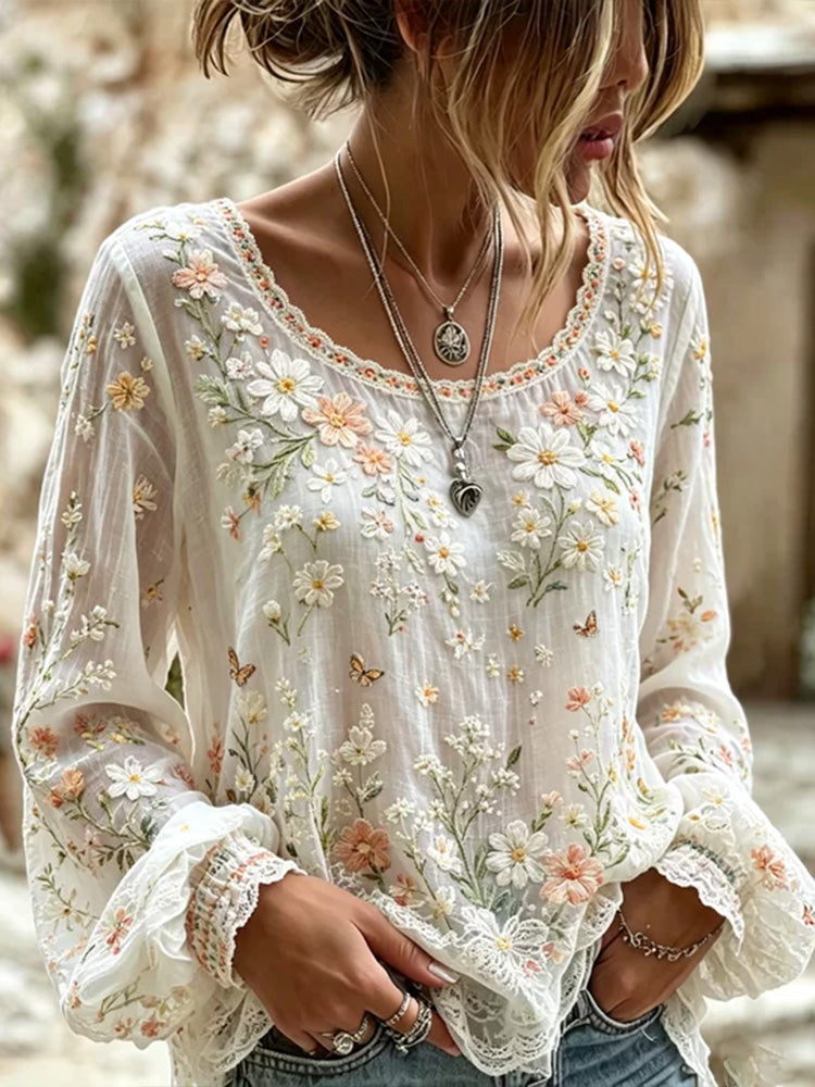 Cardydony Women's Small Floral And Lace Art Crew Neck Long Sleeve Top