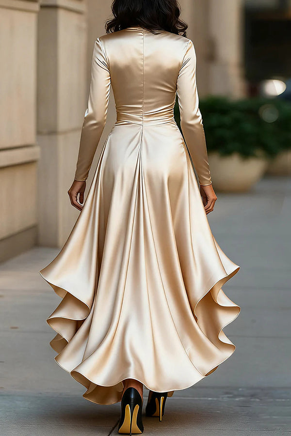Cardydony Women's Solid Color Satin V-neck Long-sleeved Elegant Ruffled Maxi Dress